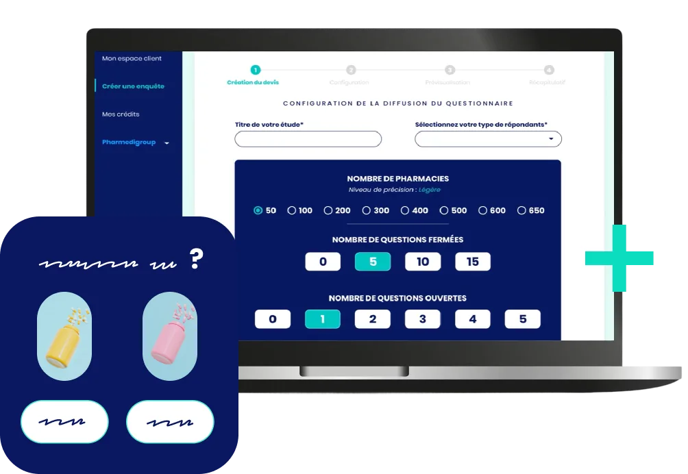 Aperçu de la plateforme Do-It-Yourself : écran « Création du devis » (nombre de pharmacies, nombre de questions fermées et ouvertes).