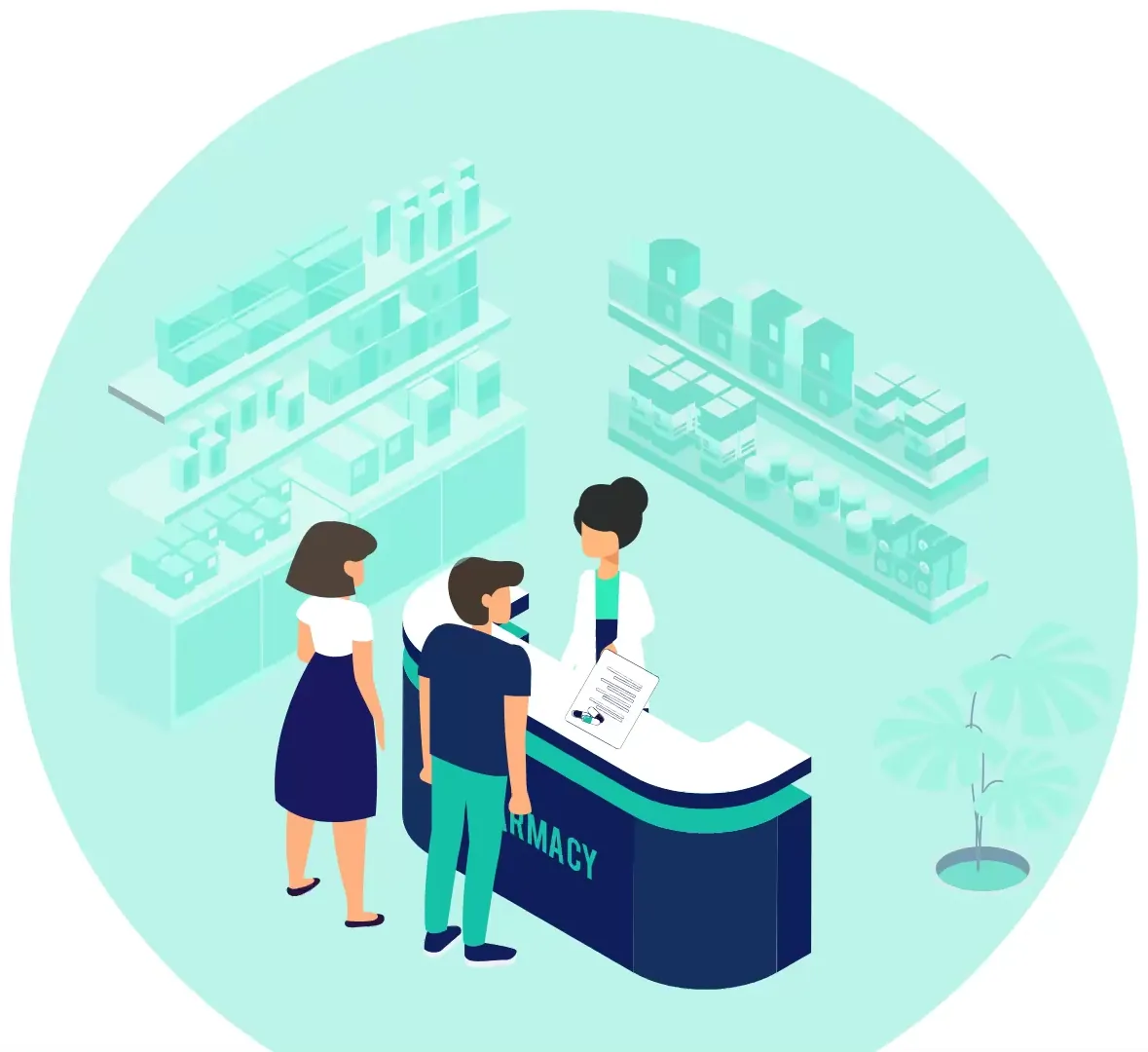 Illustration : des patients au comptoir d’une pharmacie, face à la pharmacienne qui tient une ordonnance.