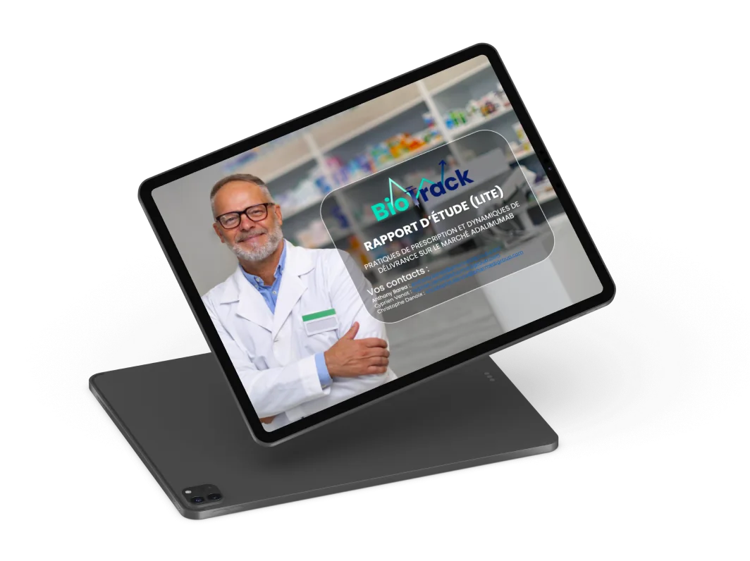 Couverture du rapport d’étude BioTrack (version LITE) « Pratiques de prescription et dynamiques de délivrance sur le marché adalimumab », affichée sur une tablette